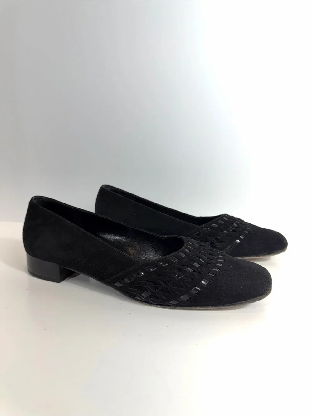 Salvatore Ferragamo Vintage Black Suede Woven Detail Block Heel Pumps 6.5 C